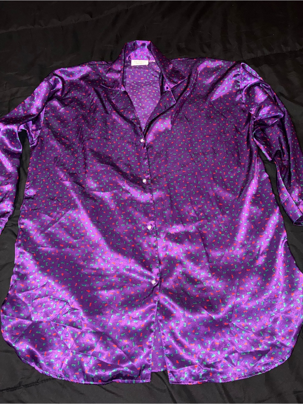 Purple Victoria Secret Satin Button-Up Sleep Shirt with Subtle Print